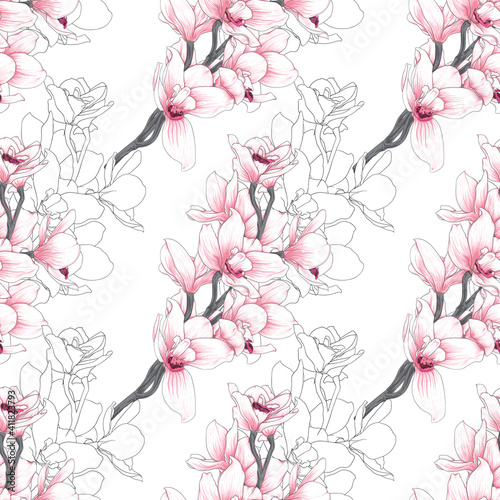  Seamless pattern botanical pink-white Orchid flowers on abstract pink pastel backgground.Vector illustration drawing watercolor style.For used wallpaper design,textile fabric or Product packaging.