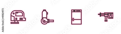 Set line Electric jigsaw, Refrigerator, Angle grinder and Rotary hammer drill machine icon. Vector.