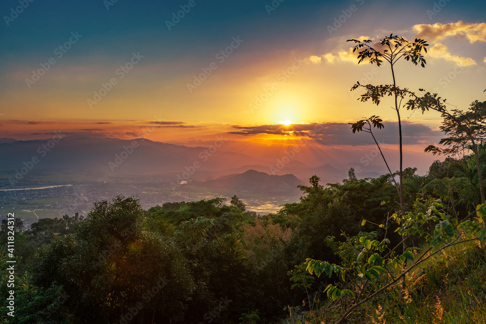 Sunset view over the mountain, Vietnam.