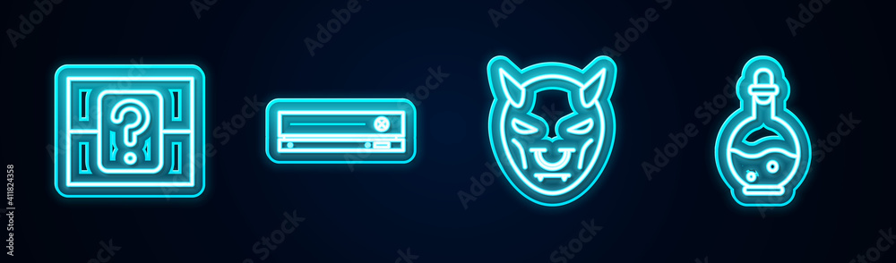 Set line Mystery or random box, Video game console, Mask of the devil with horns and Bottle magic elixir. Glowing neon icon. Vector. Set line Mystery or random box, Video game console, Mask of the devil with horns and Bottle magic elixir. Glowing neon icon. Vector.