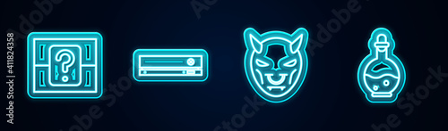 Set line Mystery or random box, Video game console, Mask of the devil with horns and Bottle magic elixir. Glowing neon icon. Vector.