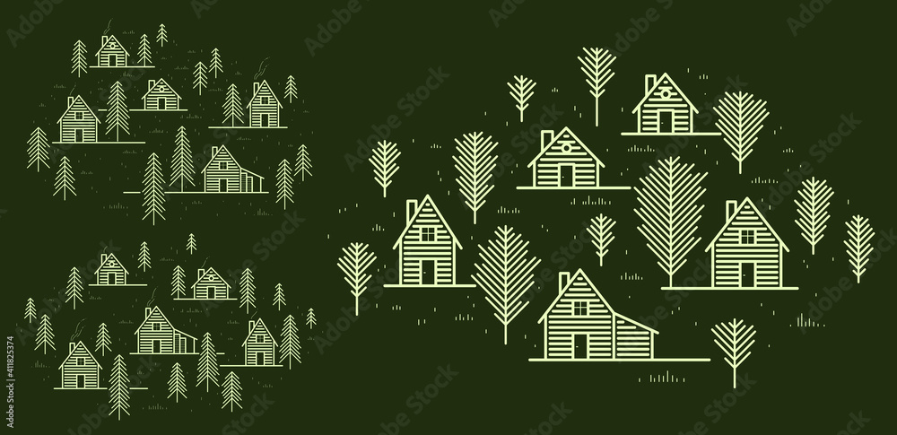 Rural village in woods linear vector illustration on dark, wooden houses in trees forest line art drawing, countryside log cabins cottages, travel in wilderness for rest. Rural village in woods linear vector illustration on dark, wooden houses in trees forest line art drawing, countryside log cabins cottages, travel in wilderness for rest.