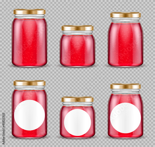 Jam jars, glass containers with pink fruit jelly, gelatin marmalade packs with cap mock up design. Blank preserve tubes of different sizes isolated on transparent background, Realistic 3d vector set