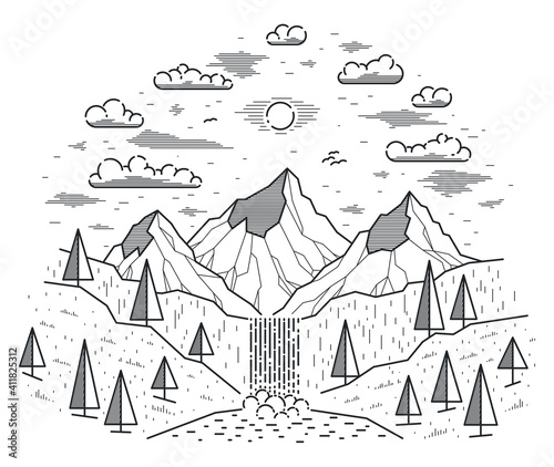 Beautiful waterfall from high mountains range vector illustration isolated on white, beauty in nature theme, hiking camping and travel theme line art drawing.