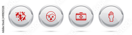 Set line Bacteria, Runny nose, First aid kit and Hand with psoriasis or eczema. Silver circle button. Vector.