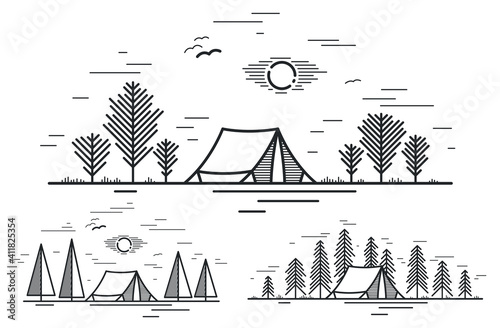 Camping tent in pine forest vector linear illustration isolated on white, holidays and vacations in woods line art, design wanderlust drawing.