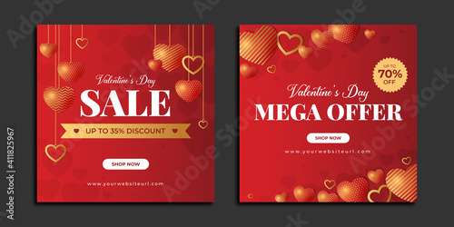 Valentines day sale social media post template with heart balloon. Creative holiday or happy event celebration flyer & poster design for online business. Digital marketing banner with logo & icon. 