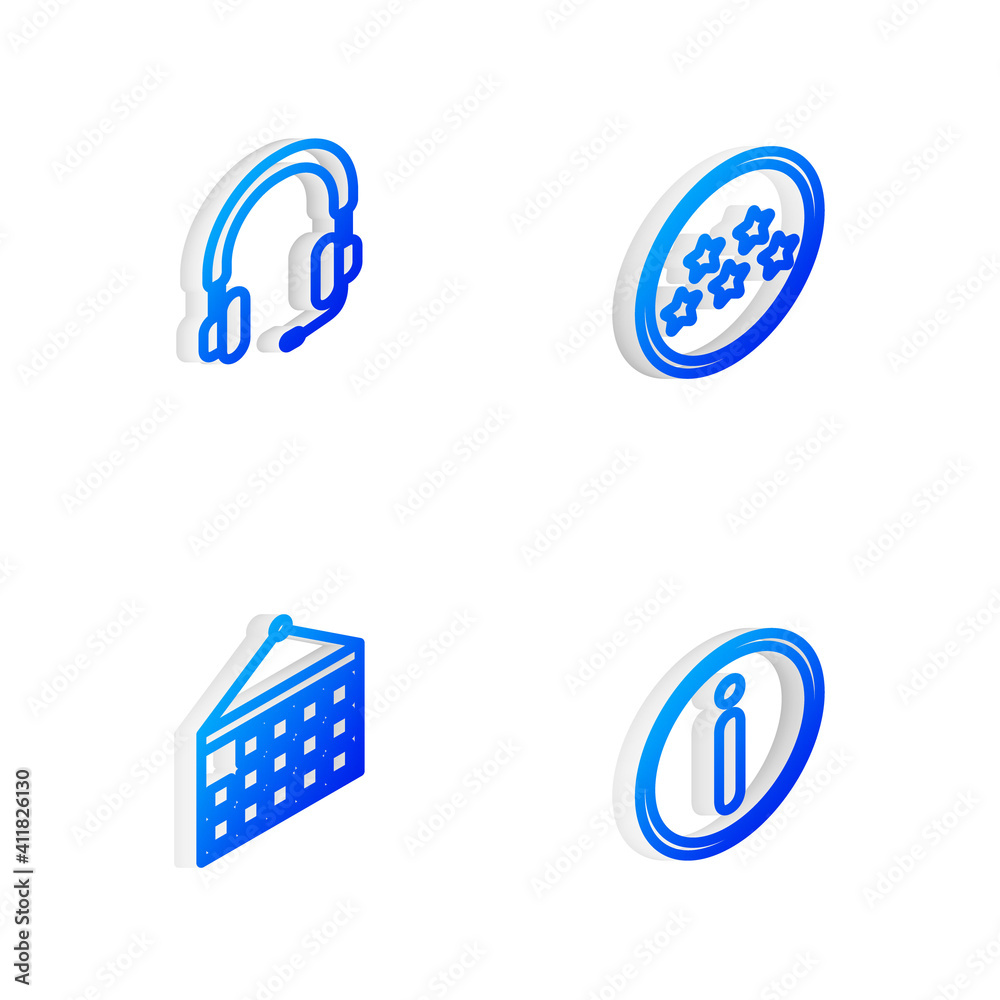Set Isometric line Five stars rating review, Headphones, Calendar and Information icon. Vector. Set Isometric line Five stars rating review, Headphones, Calendar and Information icon. Vector.