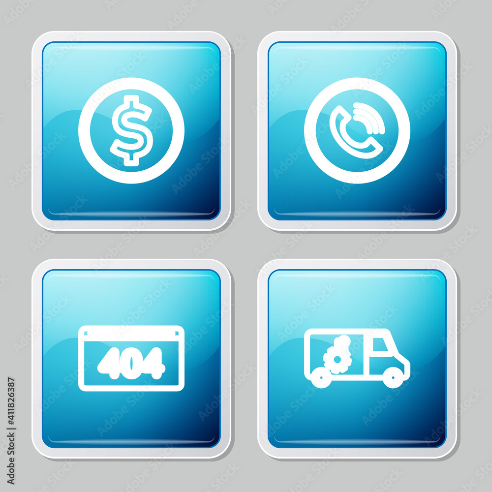 Set line Coin money with dollar, Phone call, Page 404 error and Car service icon. Vector. Set line Coin money with dollar, Phone call, Page 404 error and Car service icon. Vector.