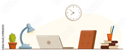 Work desk flat illustration isolated over white, office or home working place vector modern illustration, empty chair nobody vacant job concept, comfortable space for work.