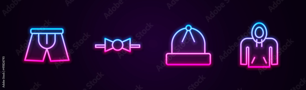 Set line Men underpants, Bow tie, Winter hat and Hoodie. Glowing neon icon. Vector.