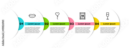 Set line Smiling lips, Balloon form of heart, Picture frame and Wine glass. Business infographic template. Vector.