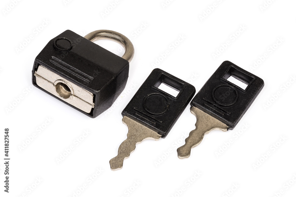 Locked detachable luggage lock with two keys on white background Locked detachable luggage lock with two keys on white background