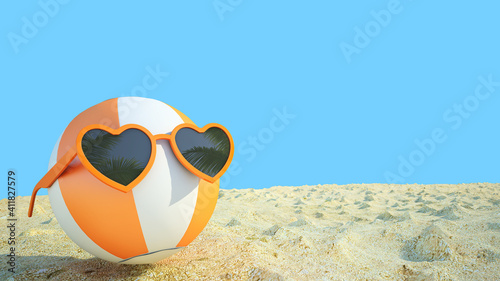 beach ball with sunglasses on the beach,blue background summer vacation concept 3d rendering