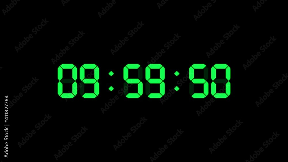 10 hour o'clock digital clock. Seconds count to ten. Numerical electronic green display screen.