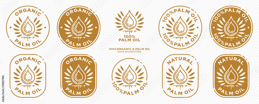 Concept for product packaging. The label is natural organic palm oil. Oil drop icon with palm leaf wings and liquid ingredient line. Vector set. Concept for product packaging. The label is natural organic palm oil. Oil drop icon with palm leaf wings and liquid ingredient line. Vector set.