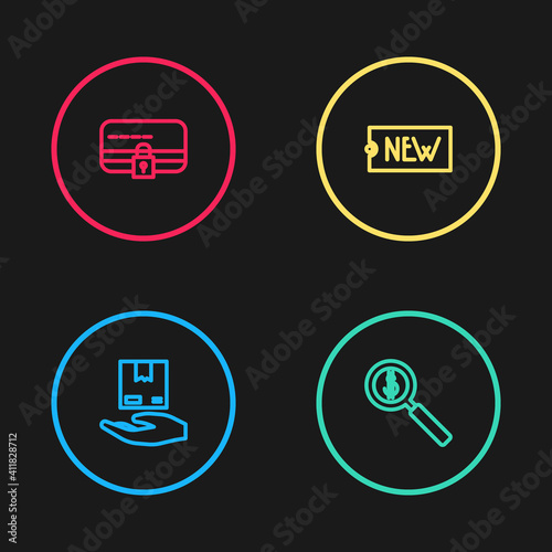 Set line Delivery hand with boxes, Magnifying glass dollar, Price tag text New and Credit card lock icon. Vector.