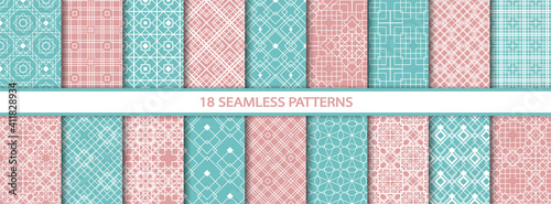Set of decorative seamless patterns of different geometric forms. Endless repeat abstract vector illustration for wallpaper, wrapping paper, fabric. Collection of square, cube, rhombus, triangle, line