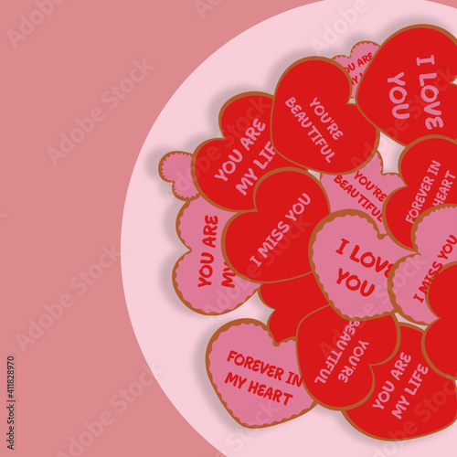 Plate with cookies in the form of hearts. Congratulations on Valentine's Day. Cookies with a declaration of love. Background for postcards.