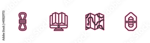 Set line Climber rope, Location of the forest on map, in monitor and Rafting boat icon. Vector.