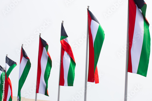 Multiple Kuwait national flags flying during the day at a event in Qatar