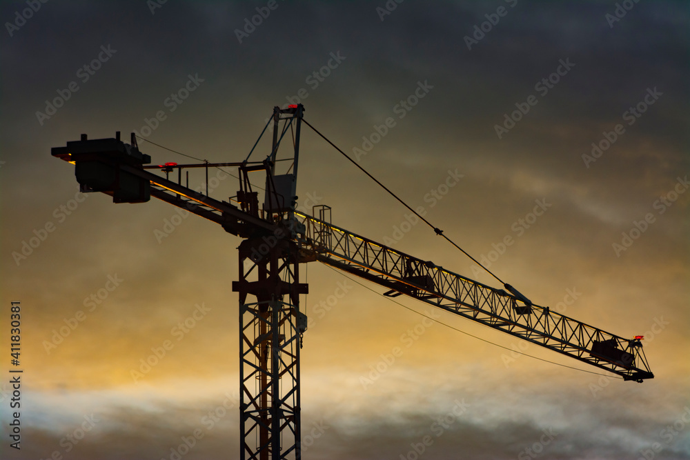 Backlight of a crane at sunrise