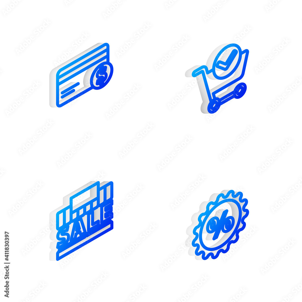 Set Isometric line Shopping cart with check mark, Credit card and dollar, building sale and Discount percent tag icon. Vector. Set Isometric line Shopping cart with check mark, Credit card and dollar, building sale and Discount percent tag icon. Vector.