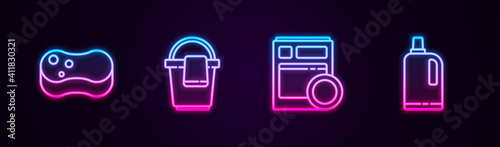 Set line Sponge, Bucket with rag, Kitchen dishwasher machine and Fabric softener. Glowing neon icon. Vector.