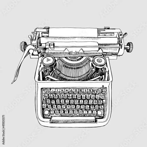 Hand drawn black and white vector illustration. The beautiful Sketch vintage Typewriter machine. 