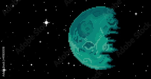 Pixel art space animation. Planet, stars, space. Pixel art 8 bit vector game retro