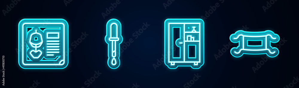 Set line X-ray shots, Pipette, Medicine cabinet and Medical protective mask. Glowing neon icon. Vector.