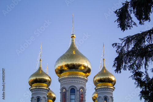 orthodox russian church with golden turrets