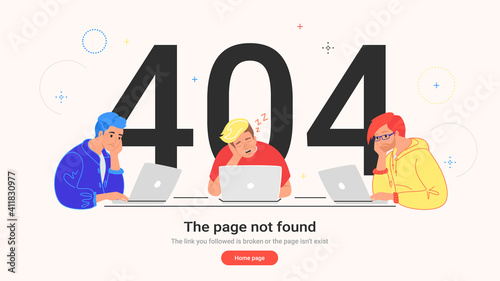 The page not found 404 error. Flat vector illustration of upset teenagers sitting with laptops boring and sleeping at work desk. 404 error and three guys using notebooks having problems on web page