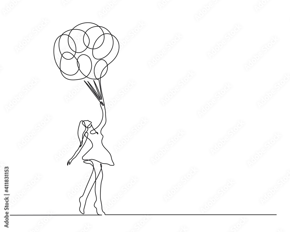 Girl with Balloons Continuous One Line Drawing. Woman with Ballons Line Art Style Print. Happy Woman Black White Modern Artwork. Minimalist Abstract Design. Vector EPS 10. Girl with Balloons Continuous One Line Drawing. Woman with Ballons Line Art Style Print. Happy Woman Black White Modern Artwork. Minimalist Abstract Design. Vector EPS 10.