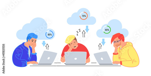 Bored three teenagers sitting with laptops and sleeping. Flat vector illustration of tired students wasting time for cloud computing, data loading or slow buferization. Young men sleeping at work desk
