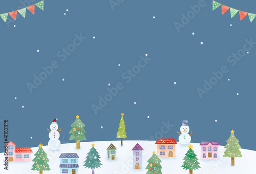 クリスマスの街並みと雪のグリーティングカードイラスト  © 市田ほのか