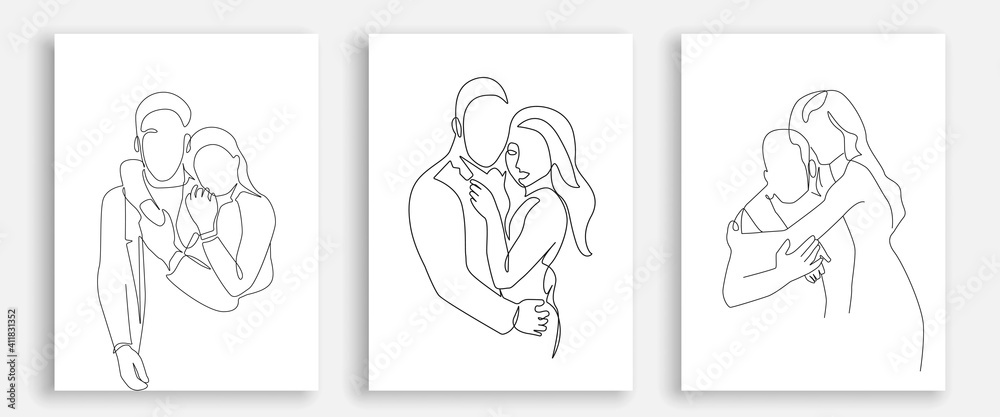 Couple Trendy Line Art Drawing Prints Set. One Line Couple Illustration. Minimalistic Black Lines Drawing. Continuous One Line Abstract Drawing. Modern Scandinavian Design. Vector EPS 10