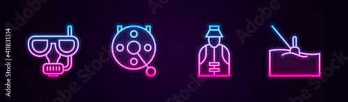 Set line Diving mask and snorkel, Spinning reel for fishing, Fisherman and Fishing float water. Glowing neon icon. Vector.
