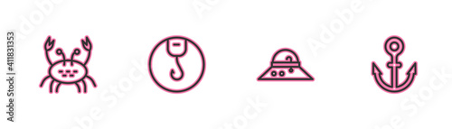 Set line Crab, Fisherman hat, Fishing hook and Anchor icon. Vector.