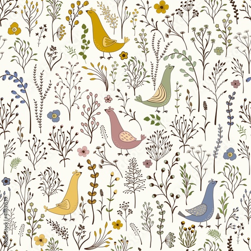  Floral seamless pattern with cute cartoon birds photo