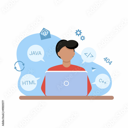International day of webmasters. The programmer is sitting at the computer. Vector illustration on the topic of design, programming, freelancing.