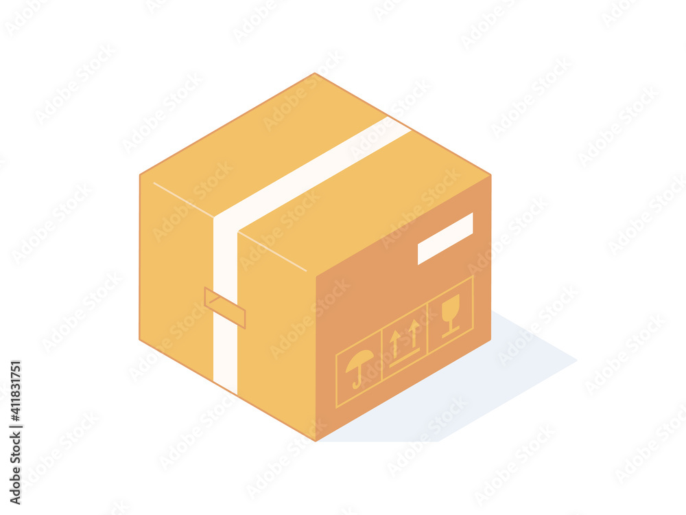Close isometric cardboard box for delivery or storage. Brown carton post and warehouse package with labels and adhesive tape in isolated vector illustration. Parcel in craft cardboard or paper box. Close isometric cardboard box for delivery or storage. Brown carton post and warehouse package with labels and adhesive tape in isolated vector illustration. Parcel in craft cardboard or paper box.