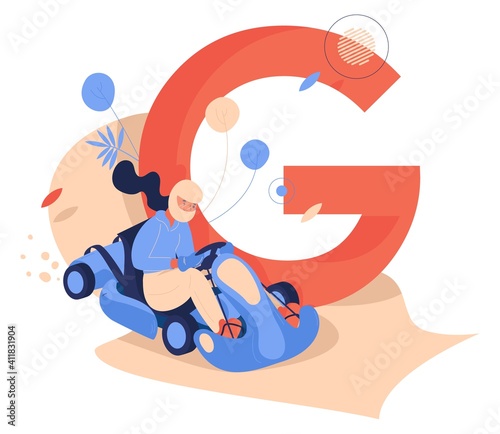 Concept illustration with woman in helmet riding go-karting car and capital letter G on background. Vector scene drawn in blue and orange