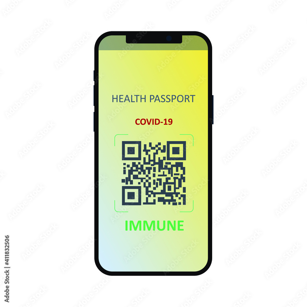 Vector illustration 2021 Travel Health Passport Mandatory Covid Test. New normal after COVID-19 pandemic Test for coronavirus infection. Immunity Passport Cell QR code Design print with text IMMUNE. Vector illustration 2021 Travel Health Passport Mandatory Covid Test. New normal after COVID-19 pandemic Test for coronavirus infection. Immunity Passport Cell QR code Design print with text IMMUNE.