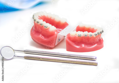 the dentist studies the correction of teeth on the model with the help of a medical instrument