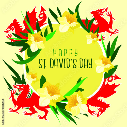An abstract vector card illustration of a Welsh dragon and yellow daffodils for the First of March on St Davids Day