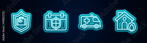 Set line Travel suitcase with shield, Calendar, Emergency car and Fire in burning house. Glowing neon icon. Vector.