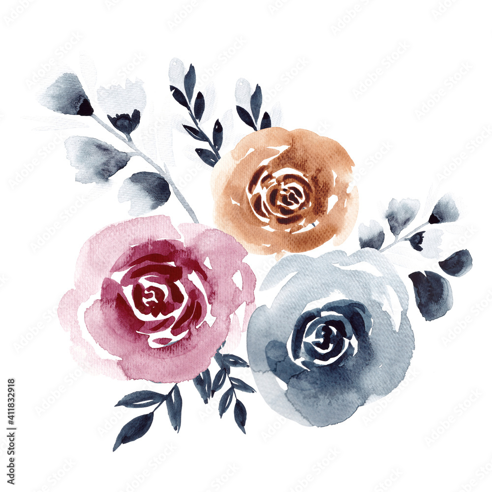 Obraz Watercolor bouquet of roses isolated on white background for invitations, greeting cards, business card. Indigo flowers