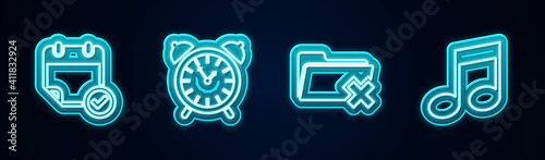 Set line Calendar with check mark, Alarm clock, Delete folder and Music note, tone. Glowing neon icon. Vector.