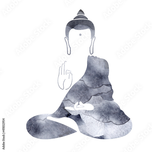 Watercolor buddha. Symbol of buddha isolated on white background. Indian, Buddhism, Spiritual motifs. Tattoo, yoga, spirituality. Buddha silhouette